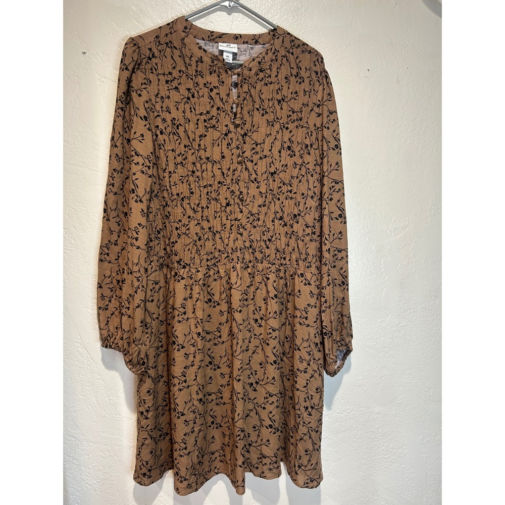 Ava & Viv Womens XXL Brown Black Floral Smocked Long Sleeve Rayon Mini Dress